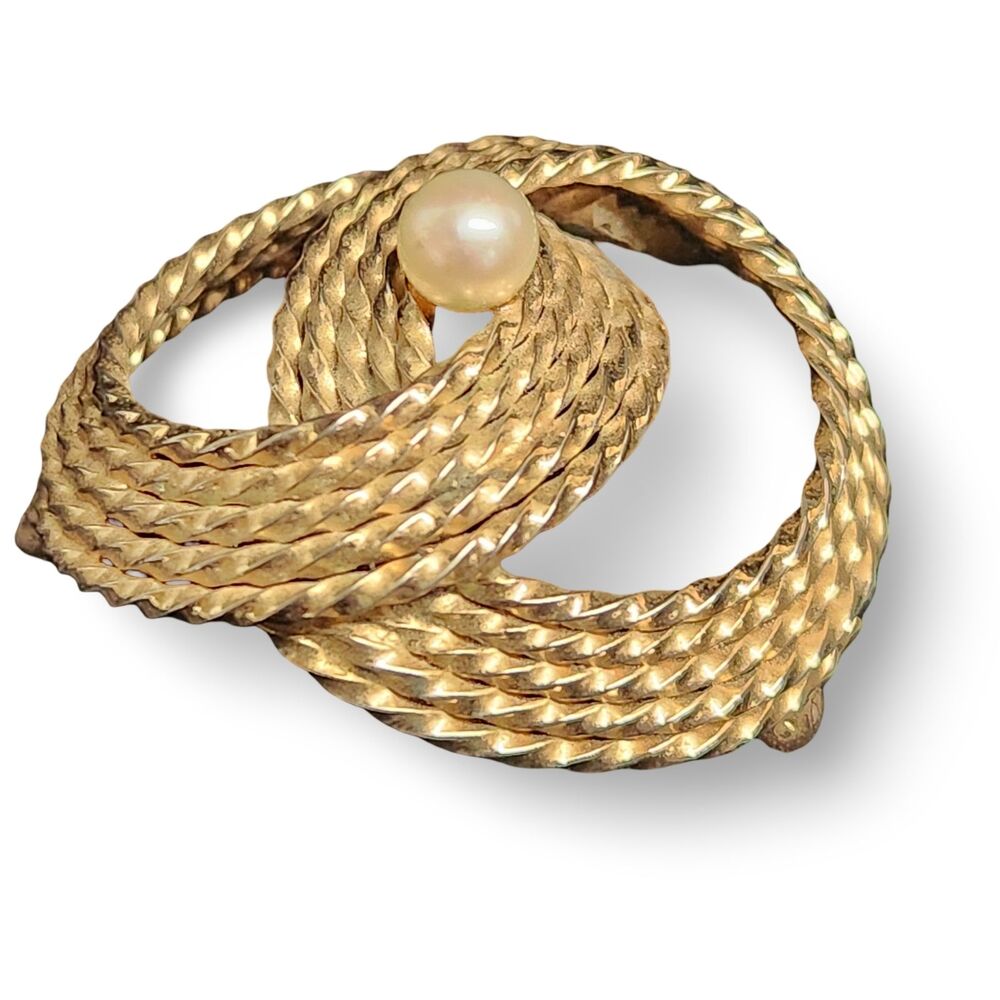WELLS Gold Filled Swirl Rope Brooch Pearl 1/20 12KT GF Jewelry Scarf Pin VTG